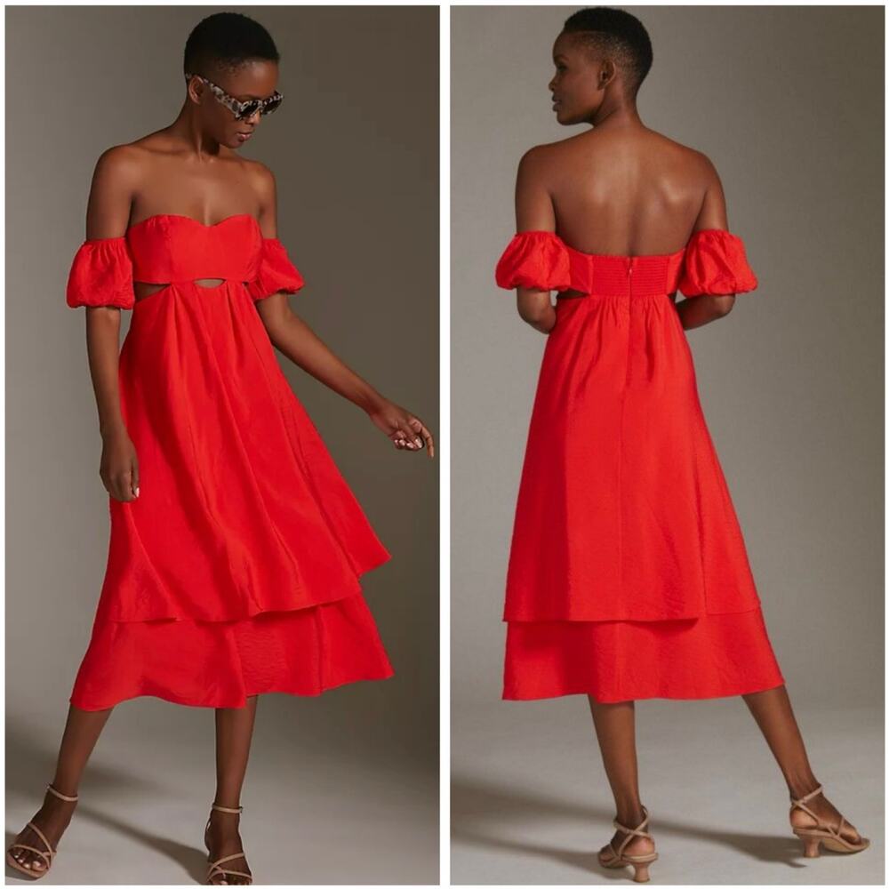 Anthropologie Off-The-Shoulder Cut Out Sweetheart Romantic Puff Midi Dress US4
